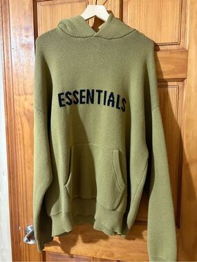 Essentials Olive Knit Hoodie with Navy Logo